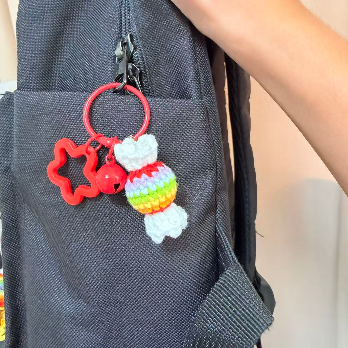 Hand-crocheted hamburger and french fries charm